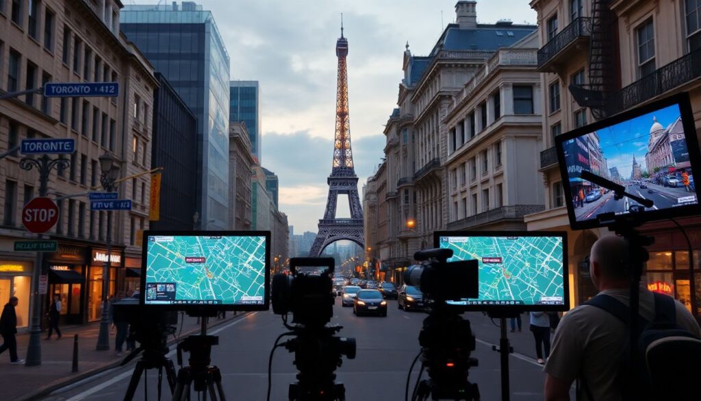 Кинематографический дорожный маршрут по городам мира - иллюстрация